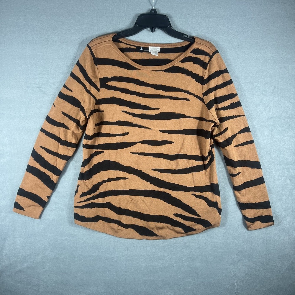 Chico's Women's Size 2 (L) Tiger Stripe Knit Sweater Long Sleeve Rayon Blend Top